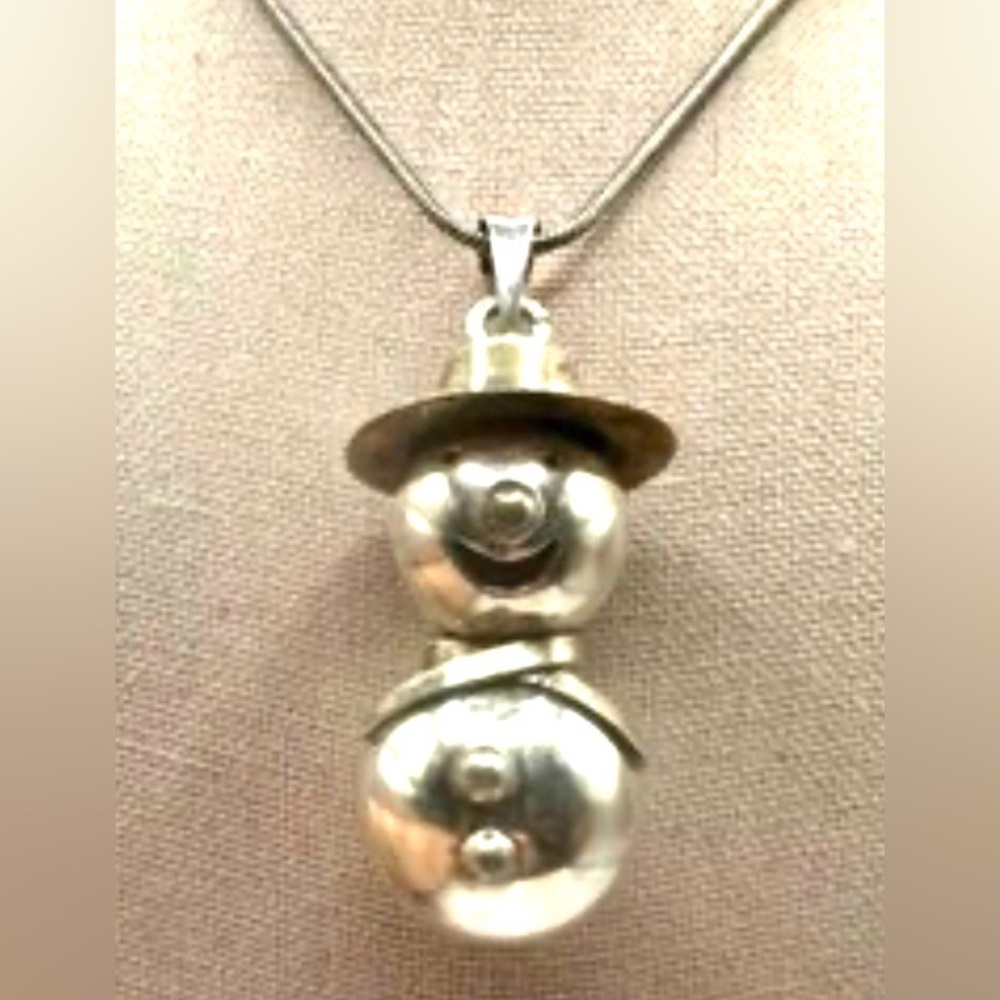 Vintage Sterling Silver 925 Oversized Snowman Pendant & Necklace Mexico Bell HTF